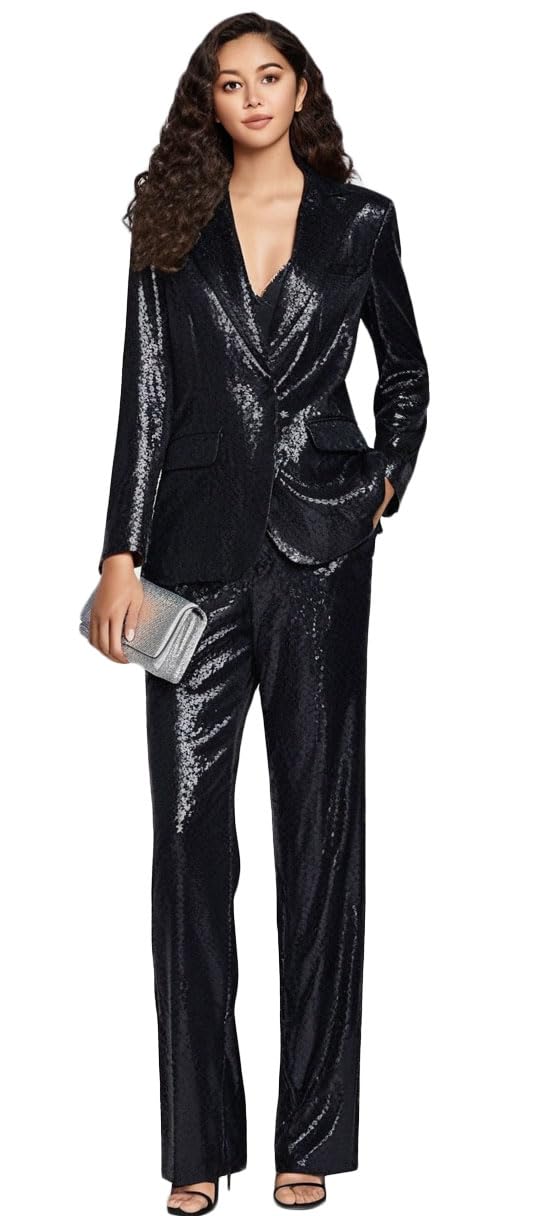 Womens 2 PC Sequined Suit One Button Prom Suit Peak Lapel Blazer Pants Wedding Tuxedos Dinner Suit