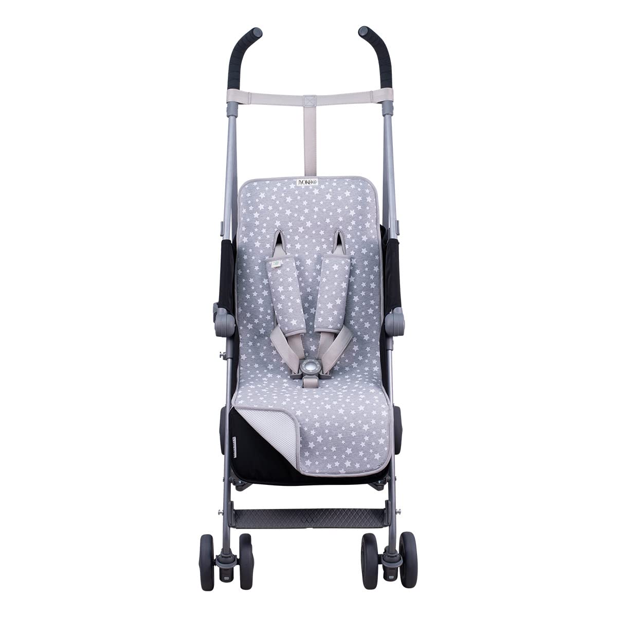 JYOKO KIDS Uniwersalna poduszka do wózka + ochrona pasa bezpieczeństwa, uniwersalna mata do wózka, wykonana z tkaniny bawełnianej z oddychającą pianką i technikiem (biała gwiazda)