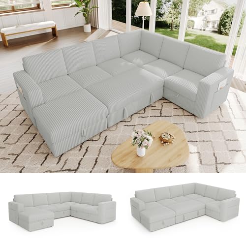 Image of 106.7 inch Corduroy Sectional Sleeper Sofa Pull Couch with Storage Light Gray