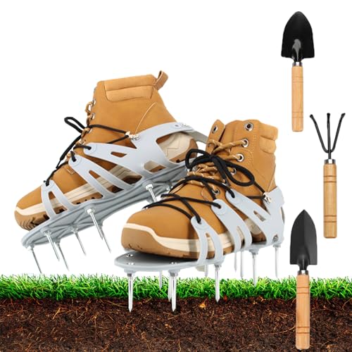 Aoriyar Lawn Aerator Shoes - Heavy Duty Spiked Aerating Sandals with 3 Pack 17cm Garden Shovel & 5.7cm Long Spike - Adjustable Shoelace Tightness Grass Aerator Shoes for Garden Lawn Yards