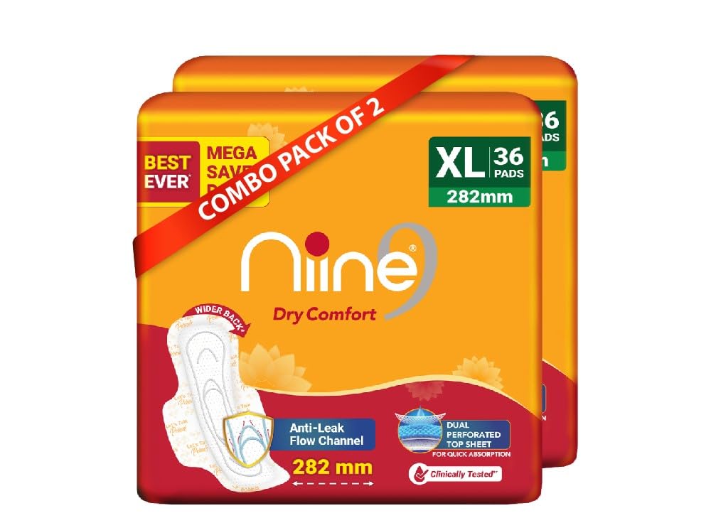 Niine Dry Comfort XL Sanitary Pads for Women |72 Pads, Pack of 2| 282mm Long| Fast Absorption| Prevents Wetness & Leakage| Enjoy Leak-free Periods |With Anti-Leak Flow Channel (B0B9SYH6N6) Amazon Price History, Amazon Price Tracker
