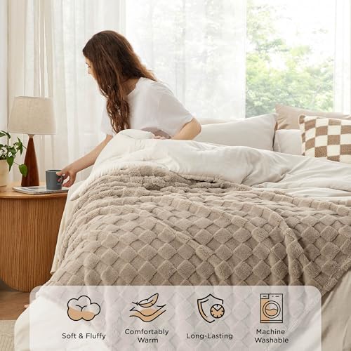 Bedsure Comforter Full Size 5 Pieces - Full Size Comforter Set with Checkered Throw Blanket and Decorative Pillow, Lightweiget Bedding, All Season Bedding Sets, Linen Beige