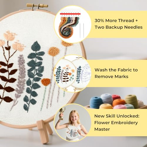 Image of HTVRONT 3 Pack Embroidery Kit for Beginners, Flower Pre-Printed Patterns | Step by Step Video,Includes Multiple Accessories, for Adults, Gift for Women Craft Lovers