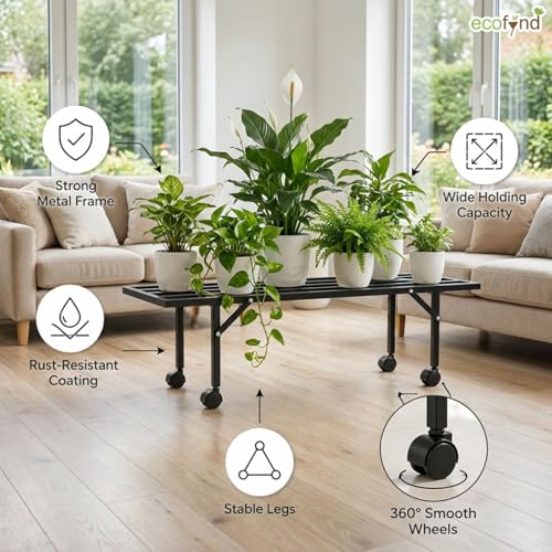 Image of ecofynd Scot 35 Inch Plant Stand with Wheels for Outdoor Balcony, Flower Pot Stand for Indoor Plants, Large Metal Planter Stand for Living Room, home decor, Indoor & Outdoor plants, 1 Tier (PS051-BLK)