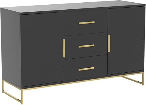 Miniatura 5 de AIEGLE Aparador de bufé con 3 cajones y 2 puertas, gabinete de almacenamiento de bufé de cocina, armario de entrada con patas de metal dorado,
