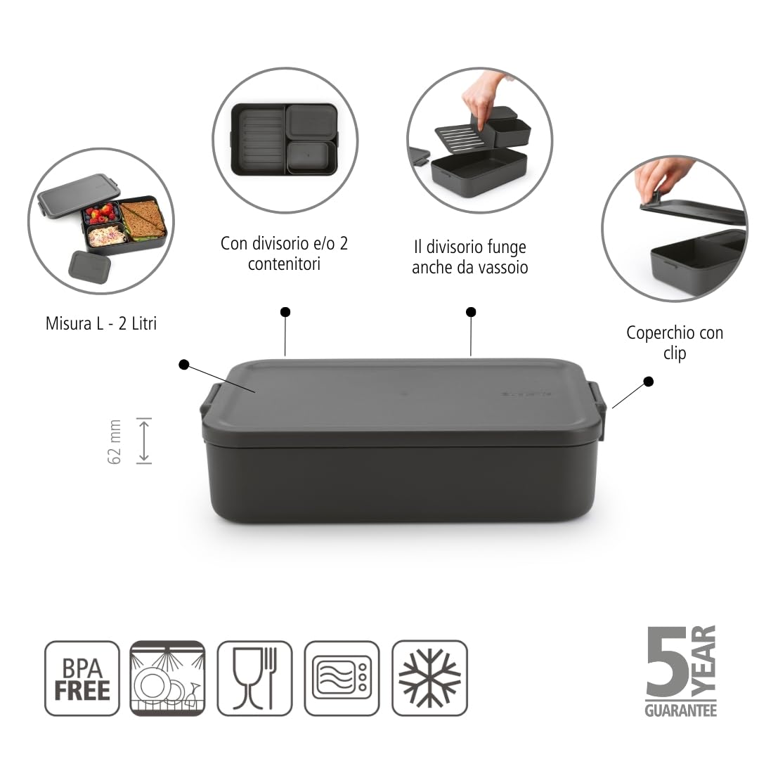Brabantia - Make & Take Lunch Box Bento L - Scomparti Rimovibili - Coperchio con Clip - Adatto per Congelatore - Adatto per Lavastoviglie & nel Microonde - Dark Grey - 26 x 17 x 6 cm