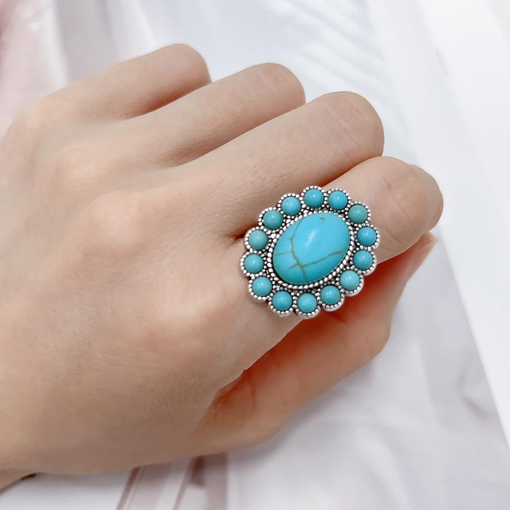 Bohemian Turquoise Ring for Women Boho Flower Oval Open Adjustable Retro stackable Joint Finger Ring American Western Cowgirl Statement Antique Jewelry Gemstone Simulated Ring Birthday Graduation Gift - Image 2