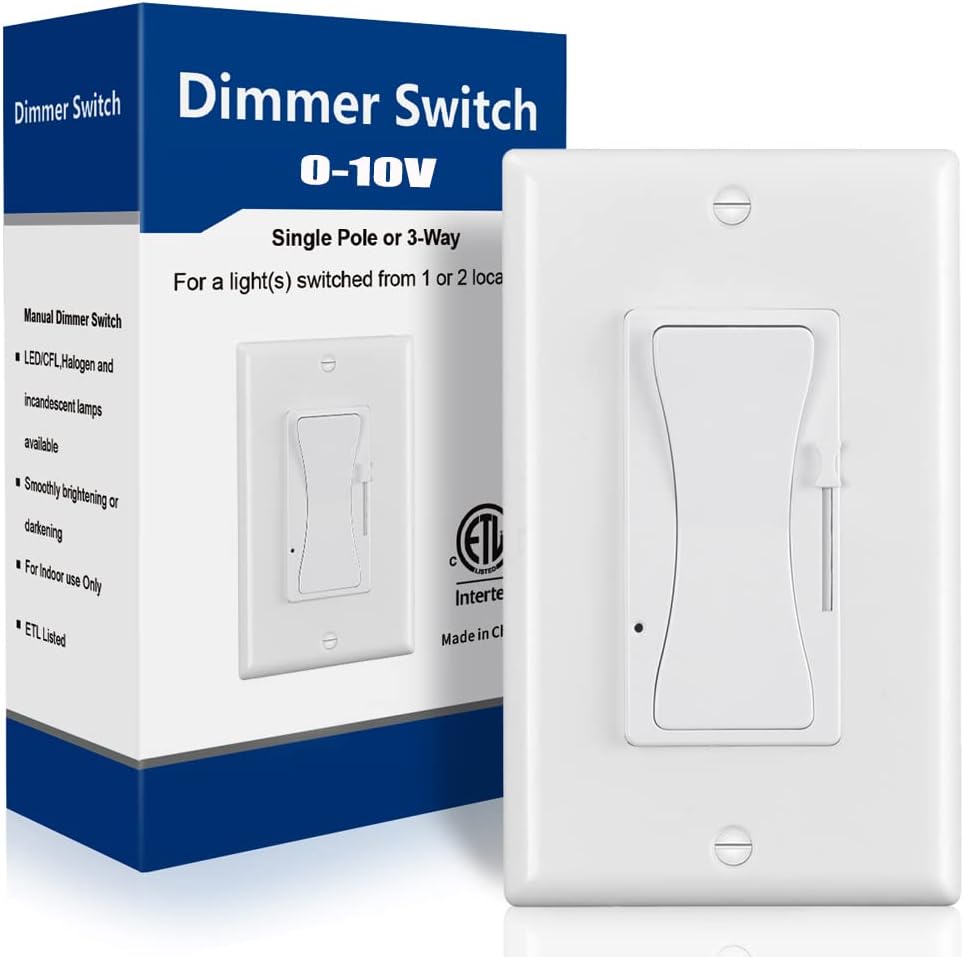 0-10V LED Dimmer Switch, Low Voltage Dimmer Switch for Dimmable LED Lights, CFL, Halogen and Incandescent Bulbs, Single-Pole or 3-Way, Wallplate Included, ETL Listed (White, 1 Pack)