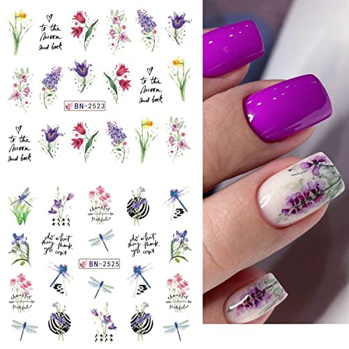 Flowers Nail Art Stickers Spring Summer Nail Water Decals Transfer Foil Lavender Tulip Rose Butterfly Letter Watercolor Flower Leaf Nail Design Sticker Manicure Diy Decoration For Women 12Pcs #TOP2