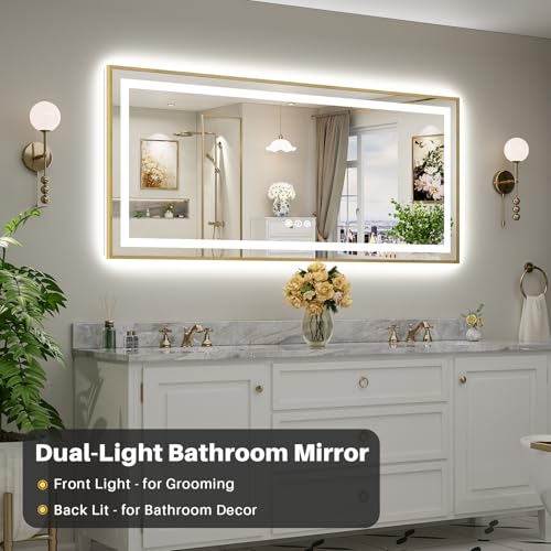 Image of 72x32 Inch LED Bathroom Mirror with Gold Frame, Backlit & Front Lit, Lighted Wall Mirrors for Bathroom Vanity, Touch Screen Dimmable, Anti-Fog, Memory Function, HD Tempered Glass, Shatter-Proof
