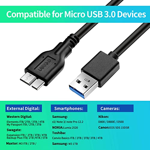 USB 3.0 A Male to Micro USB 3.0,Micro B Cable Sync Cord,Data Wire Compatible with Seagate,Samsung,My Passport and More External Hard Drive(1ft/Black)
