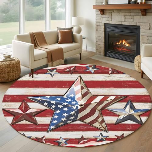 Round Rugs 7ft, 4th of July Non Slip Washable Rug