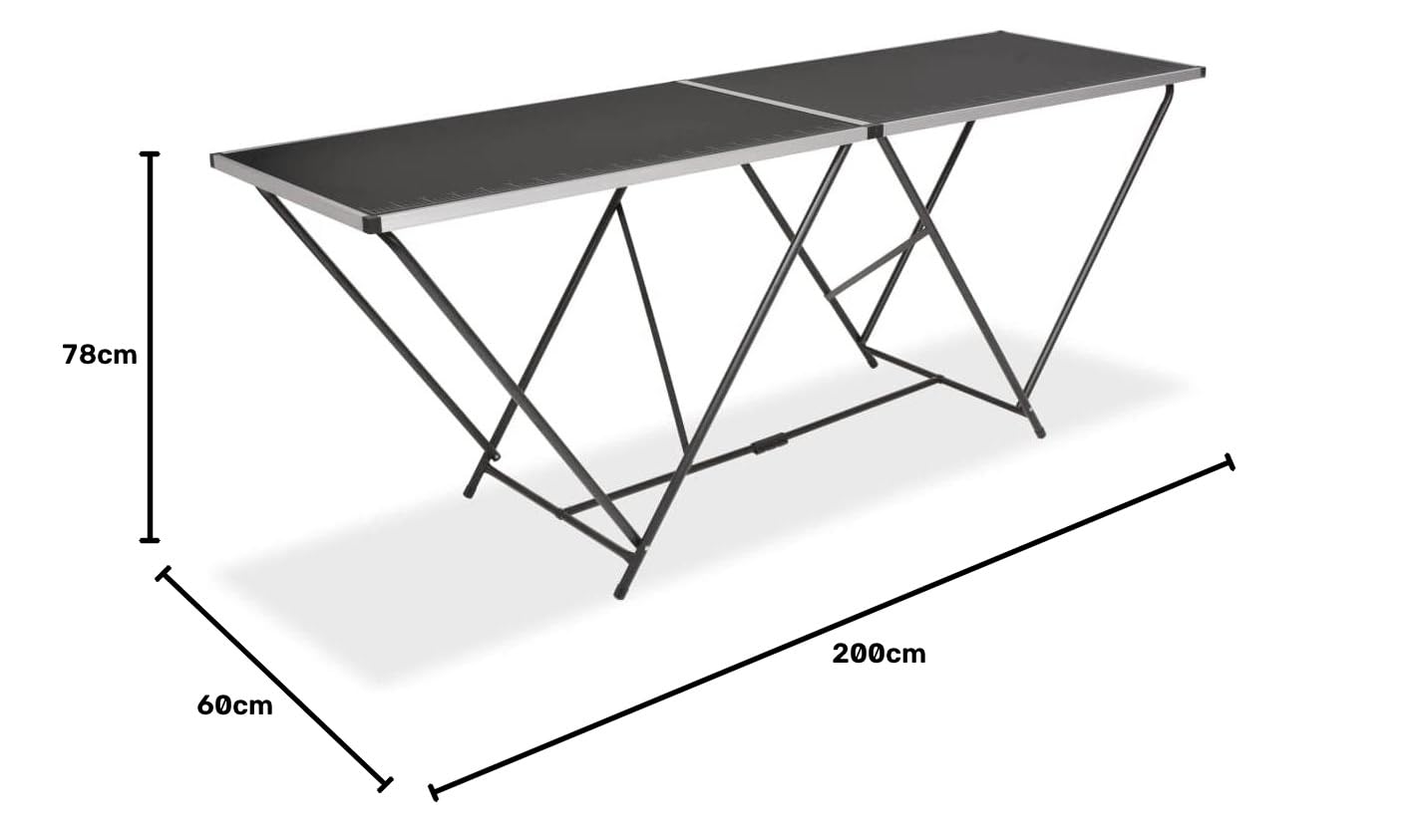 Klappbarer Tapeziertisch aus MDF und Aluminium, 200 x 60 x 78 cm, faltbar mit W Stahlrohrbeinen, mit Lineal Markierung für Tapete, Büro und Balkon