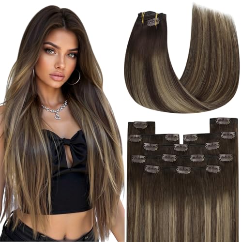 Image of YoungSee Balayage Clip in Human Hair Extensions 22 Inch Brown Clip-in Hair Extensions for Long Length, Dark Brown with Caramel Blonde Balayage Gentle Clip in Extension for Sensitive Scalp 22 Inch 120G