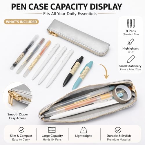 Image of Faux Leather Pencil Case Small Pencil Pouch Slim Pen Case Holder Zipper Bag for School Office(Pearl Silver)