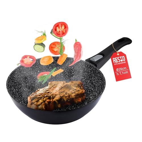 RESTO Bratpfanne 26 cm, tiefe Wokpfanne aus geschmiedetem Aluminium mit vierschichtiger Marmor-Antihaftbeschichtung – abnehmbarer Griff - für alle Herdarten geeignet, auch Induktion