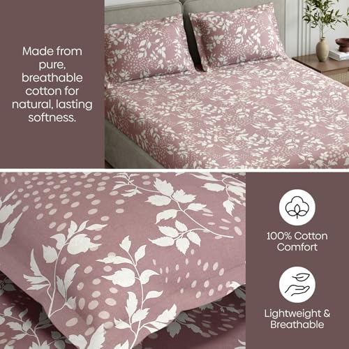 Image of Haus & Kinder King Size Bedsheet for Double Bed with 2 Pillow Covers 108 x 108 Inches | 144 TC Cotton Bedsheet for King Size Bed - Wine Foliage