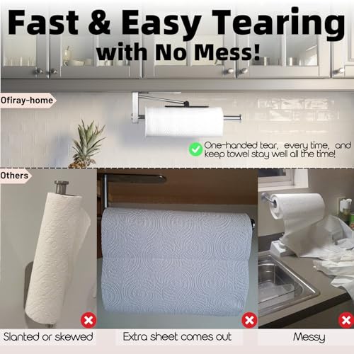 Image of Upgraded Kitchen Paper Towel Holder - One-Hand Tear Under Cabinet Stick-on Towel Rack for Hanging Paper - First Apartment Essentials Wall Mount Self Adhesive Stainless Steel Rack Fits