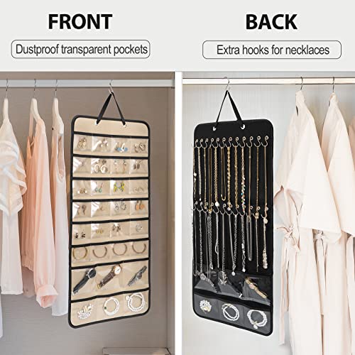 Lolalet Hanging Jewelry Organizer Necklace Organizer, Double Side Large Jewelry Holder Necklace Hanger With Pockets And Metal Hooks For Earrings, Bracelets, Watches On Closet Wall Door -1 Pack, Black #TOP1