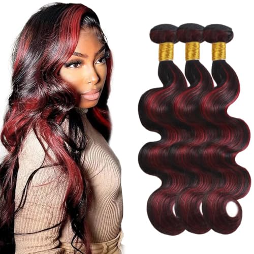Highlight Burgundy Bundles 26 28 30 Inch Body Wave Bundles Human Hair Black Mixed Wine Red Bundles Ombre Unprocessed Virgin 3 Bundles Human Hair Extensions 150G Total for Women