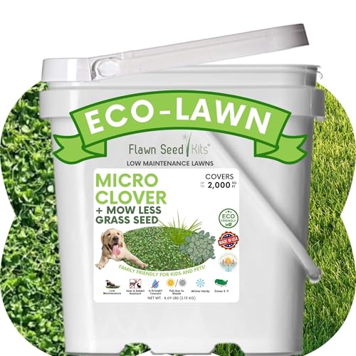 Flawn Seed Kits Micro Clover Seed Plus Mow Less Fescue Grass, Low Maintenance Lawn, Resealable Pail with Handle, Covers up to 2000 Sqft