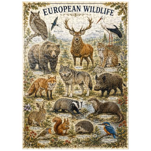 MyPuzzle European Wildlife Vintage Art Poster - Premium 500 Piece Jigsaw Puzzle for Adults
