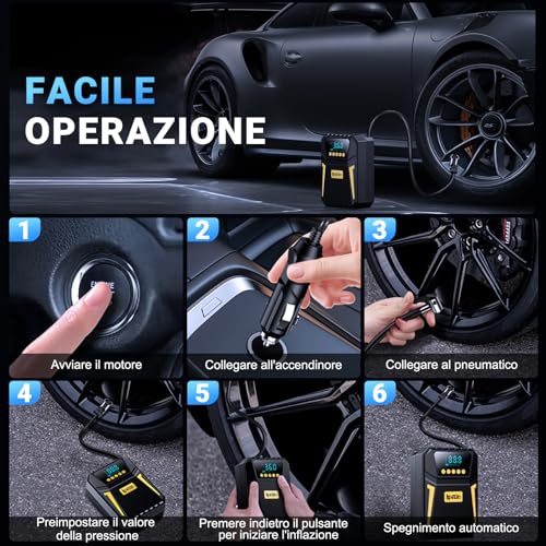 Ipflin Compressore Aria Portatile Auto - Compressore Portatile Digitale 12 V Cc, Compressore Auto D'aria Da 10,3 Bar, Spegnimento Automatico Per Pneumatici Di Auto, Biciclette, Palloni Da Calcio - 10