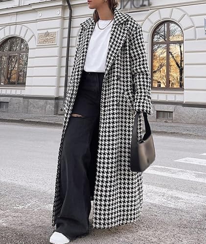 SOMTHRON Women's Houndstooth Trench Coat Double Breasted Notch Lapel Jacket Pea Coat Winter Long Overcoat with Belt3