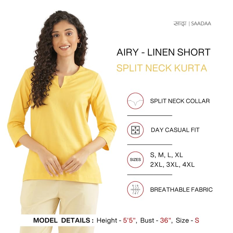 Image of SAADAA Airy Linen Split Neck Short Kurta for Women | Casual & Office Wear | 3 /4 Sleeves, Comfortable Fit | Elegant Top | Lightweight & Breathable Fabric |