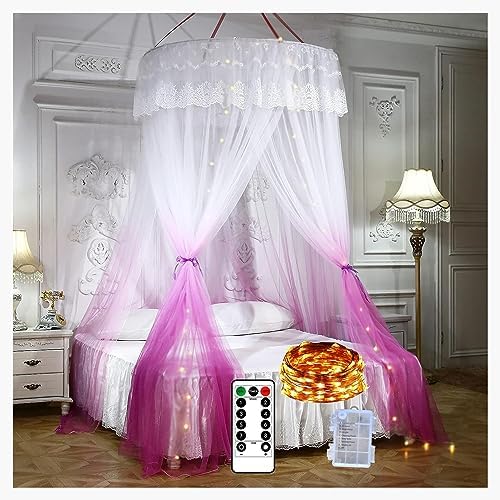 Elegant Bed Netting Canopy Mosquito Net Bed Canopy with Lights Round Dome Canopy Bed Curtains for Bedroom Decoration,Pink