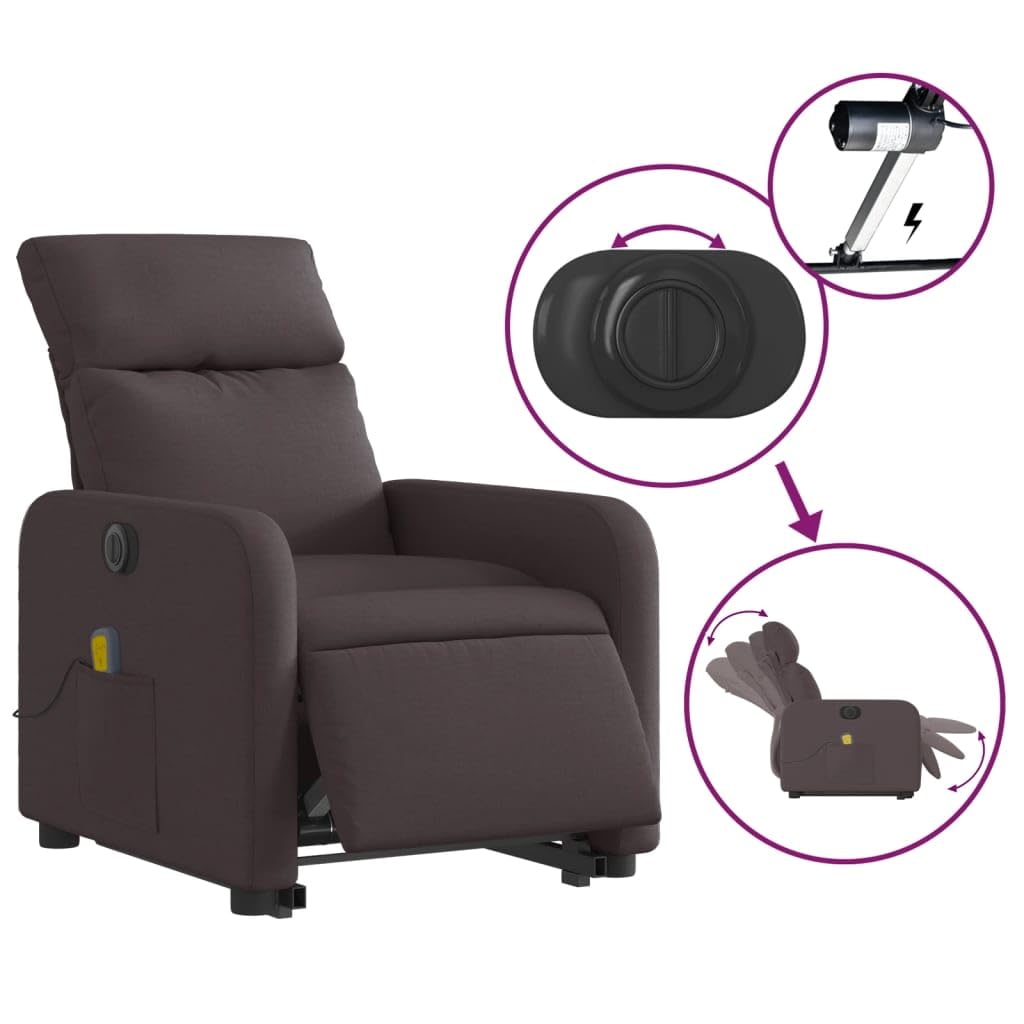 Sillón elevador eléctrico con masaje de 6 puntos y reclinación automática, tejido marrón oscuro, función elevación y vibración, estructura estable de madera