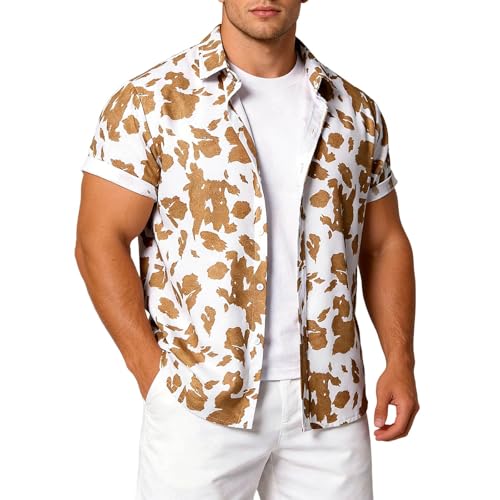 Generisch Camisa floral de manga corta para hombre fondo blanco con estampado botánico marrón - Camisa de verano ligera con estampado floral integral | Camisa informal informal para vacaciones y