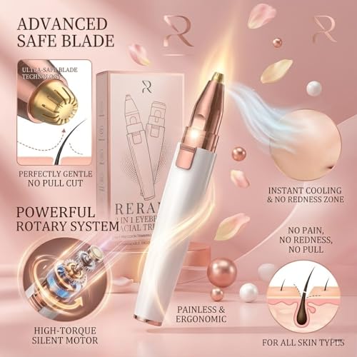 Image of RERANT 2-in-1 Eyebrow Trimmer and Facial Hair Remover for Women, Rechargeable Electric Face Razor with Built-in LED Light, Painless Precision Eyebrow Razor and Lip Hair Trimmer, Portable (S2)