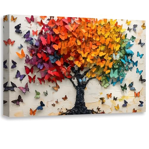 2D No Texture Tree of Life Canvas Wall Art Colorful Butterfly Wall Decor, Cute Butterfly Picture for...