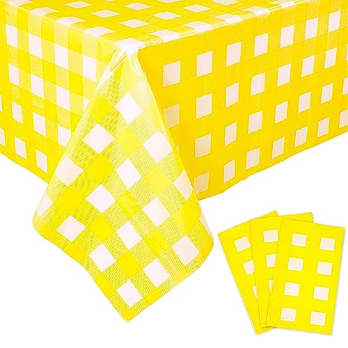 Image of Kesfey 3 Packs Yellow Gingham Tablecloth 54 x 108 Inches Yellow and White Checkered Table Cloths Disposable Plastic Gingham Tablecovers Waterproof Rectangle Picnic Plaid Table Cover for Camping Party
