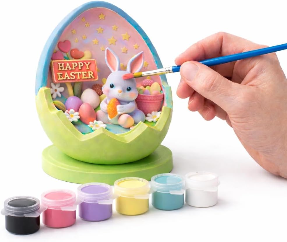 DorDor & GorGor Easter Bunny Egg Painting Kit – DIY Easter Craft Set with Bunny Egg Figurine, 6 Acrylic Paint Colors & Brush, Easter Basket Stuffer, Easter Activity & Holiday Table Decoration