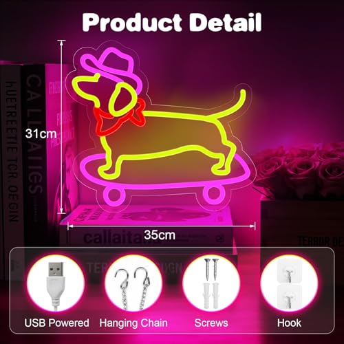 Image of Dachshund Dog Neon Sign for Wall Decor,Dimmable Skateboard Dog with Cowboy Hat Neon Light,Yellow Pink Puppy Light Up Signs for Pet Shop Bedroom Party Bar Background Christmas Decorations