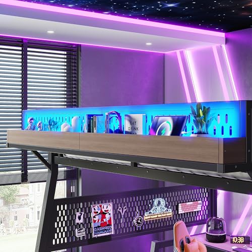 Image of Bellemave Queen Size Gaming Loft Bed with Desk and Wardrobe Storage Stairs,Shelves, LED USB, Loft Bed Queen Size for Teens Metal, Black