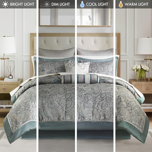 Image of Madison Park Aubrey Cozy 12 Piece Comforter Set & Sheet, Luxe Faux Silk Jacquard Paisley Design - All Season Down Alternative Bedding with Cotton Bed Sheets, Bedskirt, Toss Pillows, Cal King Teal