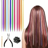 BUNTE HAARSTRÄHNEN KINDER, 50 STÜCK KUNST HAARE EXTENSIONS HAARSTRÄHNEN MIT 100 HAARVERLÄNGERUNGS RINGE, ZANGE UND HÄKCHEN, HAARVERLÄNGERUNGS SET FÜR COSPLAY, GEBURTSTAG &AMP; ALLTAG STYLING