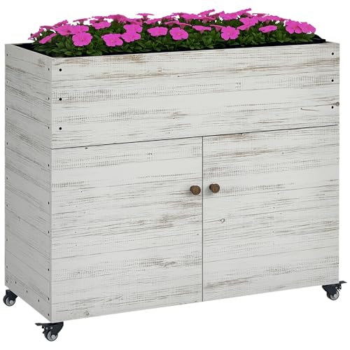 Outsunny Hochbeet aus Holz mit Schrankfach, Kräuterbeet auf Rollen, Pflanzkasten, Blumenkasten mit Vliesstoff für Balkon und Garten, 110 x 50 x 95 cm, Weiß