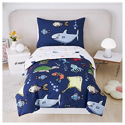 PERFEMET 4 Pieces Toddler Bedding Ocean Animal Printed Toddler Comforter Set Reversible Lightweight Cartoon Bed in A Bag for Toddler Boys Girls(Navy Blue, Sharks/Dolphins/Fish)
