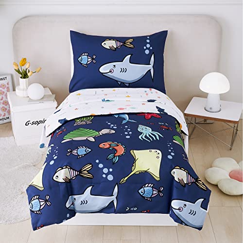 Image of PERFEMET 4 Pieces Twin Bed in A Bag Navy Blue Ocean Animal Themed Kids Comforter Set for Boys Girls Soft Reversible Marine Life Bed Set with Kids Sheets(Navy Blue, Sharks /Dolphins /Fish)