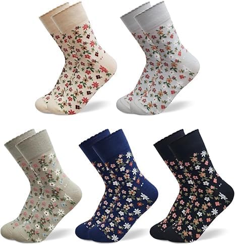 5 Pairs Floral Crew Socks, Flower...