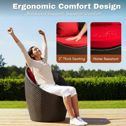 Image of DEVOKO Rattan 3-Piece Outdoor Patio Furniture Set With Cushions & Coffee Table For Garden, Deck, Lawn, Poolside, Terrace, Balcony (Dark Brown & Red)