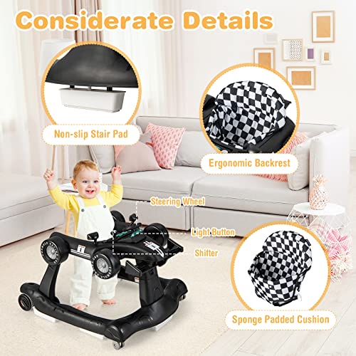 Image of GLACER Foldable Baby Walker, 4-in-1 Infant Walker with Adjustable Height & Speed, Music, Light, Steering Wheel & Washable Cushion, Baby Walker Activity Center for Boys Girls 6 -18 Months (Black)