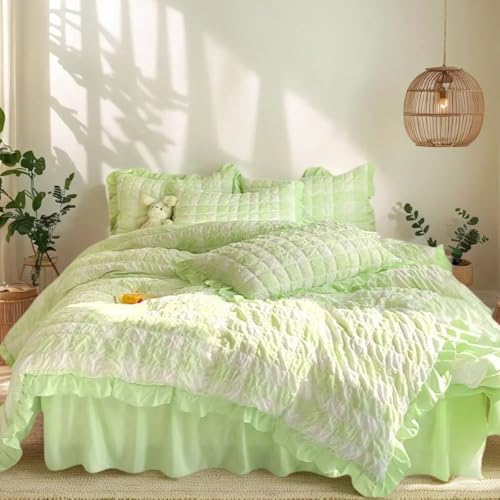 MODASER Green Gingham Bed Sheets and Pillowcase Sets - Ruffled