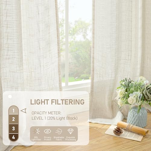 LAMIT 60 Inch Wide Linen Curtains for Bedroom, Ivory Cream Light Filtering Faux Linen Textured Panels Semi Sheer Back Tab and Rod Pocket Boho Drapes for Living Room/Farmhouse, 2 Panels, 60 x 63 Inch