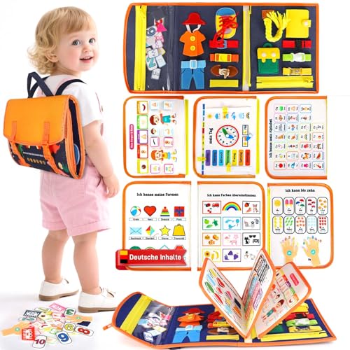 Qaccos Busy Board Rucksack Deutsch, Montessori Spielzeug ab 1 2 3 4 Jahre, Kinder Activity Board Geschenke für Junge, Mädchen, Sensorik Lernspielzeug, Quiet Book für Reise Auto Flugzeug