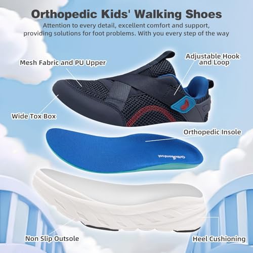 Boys Girls Kids Arch Support Diabetic Wide Toe Box Walking Shoes: Athletic Orthopedic Plantar Fasciitis Bunions Sneakers, Orthotic Breathable Mesh Fabric School Casual Shoes Dark Blue Big Kid 4.5 by OrthoComfoot - Used condition - Image 7